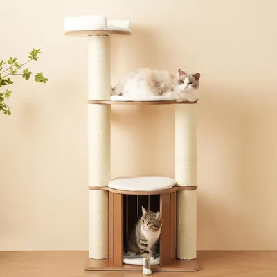 Productafbeelding van Kartonnen krabpaal, 135 cm hoog, XXL-model, 3 plateaus, kattenhuis, 12 cm dikke stammen, antikeerbescherming, waterdicht (bruin/wit)