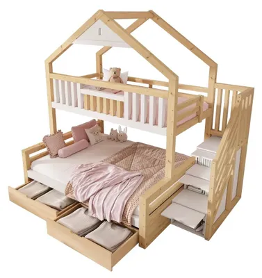 Produktbild von Kinder-Etagenbett aus Holz - Hausbett-Design - 90 x 200 / 140 x 200 cm - Treppe mit Stauraum und 2 Schubladen - Satteldach - Rausfallschutz - Eiche-Weiß