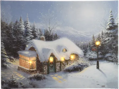 A cozy, snow-covered cottage illuminated by warm lights and a street lamp, set in a winter mountain landscape.