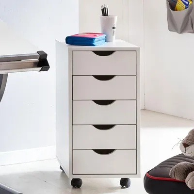 Zdjęcie produktu dla WOHNLING Kontener na kółkach, biały, z 5 szufladami – kontener biurowy z płyty wiórowej – kontener na szuflady pokryty melaminą – mała szafka biurowa na kółkach