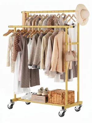 Kleiderständer, Doppelstange, rollbar, Gold, 44 lbs Belastbarkeit