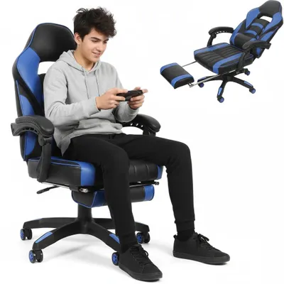 Productafbeelding van Ergonomische gamingstoel met voetsteun - zwart en blauw