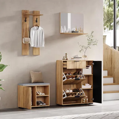 Produktbild von MODFU Wandgarderobe-Set Garderobenset mit 2 Haken und 1 Spiegel,Garderoben mit 1 Schublade und Schuhschrank,Natur