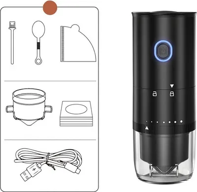 Produktbild von INF Tragbare elektrische Kaffeemühle mit Keramikmahlwerk, 7 Mahlgradeinstellungen Schwarz
