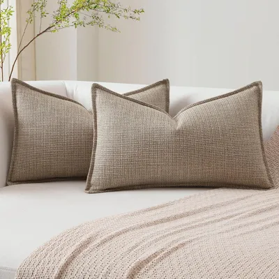 Imagen del producto de Juego de 2 fundas de cojín lumbar de color claro, de 40 x 60 cm, con textura de lino, ideales para decorar sofás. Fundas de cojín de estilo rústico con un diseño elegante, perfectas para sofás