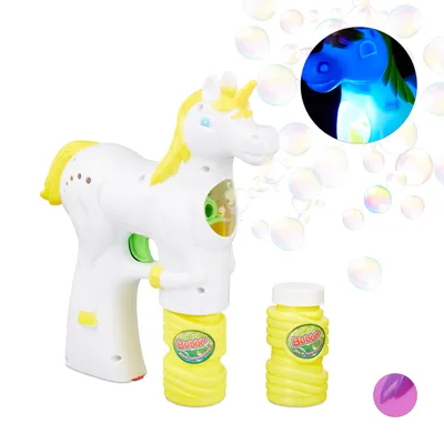 Produktbild von 10 x Einhorn Seifenblasenpistole, LED, batteriebetrieben, inkl. 20x Seifenblasen Flüssigkeit, Kinder & Erwachsene, weiß