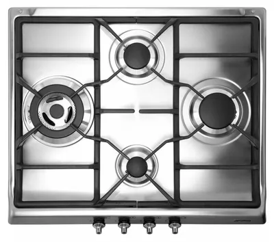 A top-down view of a stainless steel gas cooktop with four burners and black grates.