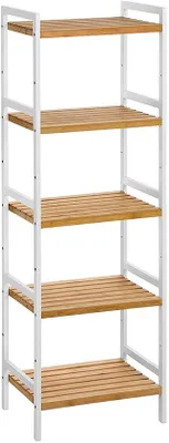 Image de Étagère de salle de bain en bambou à 5 étages, couleur naturel et blanc
