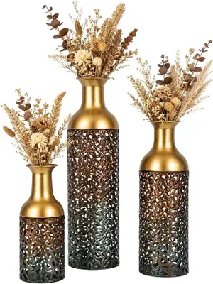 Imagen del producto de Juego de 3 grandes jarrones de suelo de metal, jarrones decorativos altos para plumas de pampa