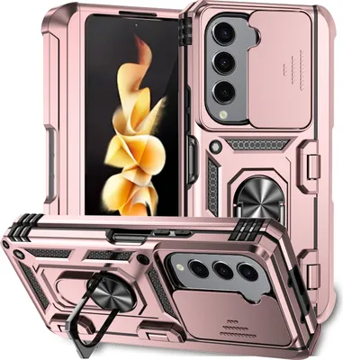 Produktbild von Hülle für Samsung Galaxy Z Fold 5 mit Scharnierschutz, Schiebe Kamera Schutz und Ringhalter Ständer Dual Layer Schutzhülle Roségold