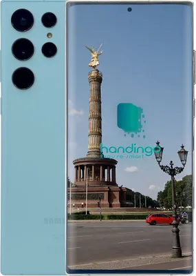 A light blue Samsung Galaxy S22 Ultra 5G 128GB phone is shown next to a screen displaying a picture of the Berlin Victory Column.