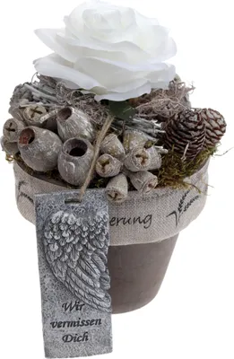 Produktbild von Grabschmuck Tontopf mit Wachsrose weiß, wetterfest CreaFlor Home