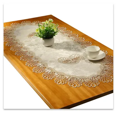 Zdjęcie produktu dla Bieżnik stołowy, owalny, koronkowy, haftowany, 40x90 cm, kolor: szampan