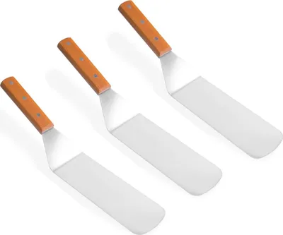 Zdjęcie produktu dla zestaw 3 dużych szpatułek ze stali nierdzewnej | szpatułka do mięsa z drewnianą rączką | szpatułka do pieczeni - czerpak do patelni | szpatułka do pieczeni | szpatułka do grilla | szpatułka do grilla BBQ | skrobak kuchenny | szpatułka do grilla burgerowego