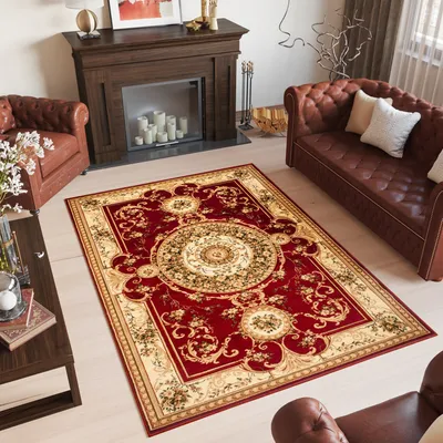 Produktbild von Teppich Wohnzimmer Schlafzimmer Kurzflor Design Klassisch Muster Floral Rot Creme  150 x 295 cm
