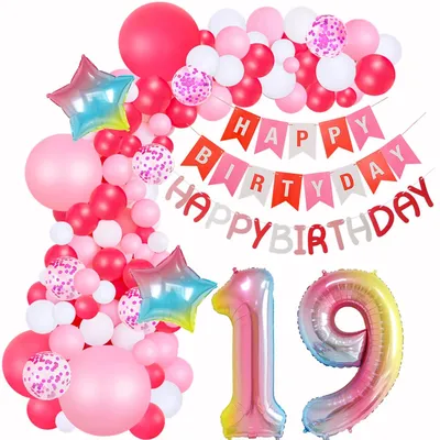Ballon-Set 19. Geburtstag, rosa, 2 Zahlenballons, 2 Banner