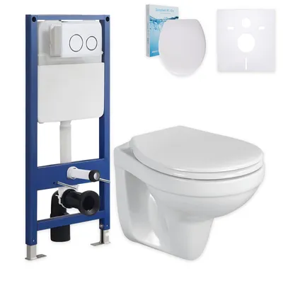 Produktbild von sanicomfort Wand-WC spülrandlos Set mit Vorwandelement, Schallschutz-Set und Betätigungsplatte rund