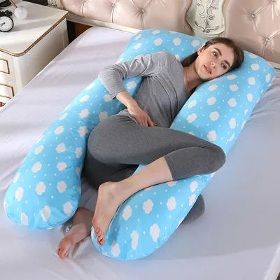 Image de Coussin d'allaitement en forme de U pour femmes enceintes avec taie d'oreiller 60×120 cm,Nuages bleus
