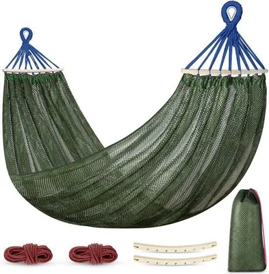 Produktbild von Famanu Hängematte Outdoor - Atmungsaktive Netz-Hängematte aus Nylon mit Holzstangen