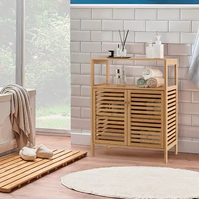 Produktbild von COSTWAY Badezimmerschrank Bambus, Badschrank mit 2 Lamellentüren, Schrank multifunktional für Badezimmer, Wohnzimmer, Küche, Flur, 64 x 27,5 x 80 cm