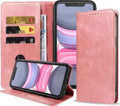 Produktbild von Smartphonica iPhone 11 Kunstledertasche  mit Magnetverschluss und Kartenhaltern Buchhülle - Rosa