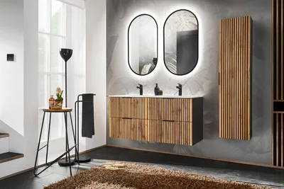 Obrázok produktu pre Moderný kúpeľňový set 120 cm dub wotan latky LED Xilo umývadlo