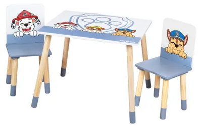 Imagen del producto de Juego de sillas y mesa infantil Paw Patrol - 2 sillas para niños y 1 mesa para niños - Conjunto de asientos / muebles con personajes de dibujos animados de perros - Madera blanca - A partir de 18 meses