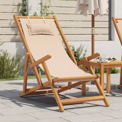 Produktbild von "2026 Aktion"Strandstuhl Klappbar/Campingstuhl - CLORIS - Balkonmöbel - bis 110 kg - Beige Massivholz Eukalyptus und Stoff - Gartenstühle Promotion135566