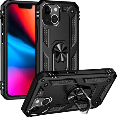 Produktbild von Conie Outdoor Schutzhülle für iPhone 13 Tasche Silikon Hard Case Cover Hülle mit Halter Ständer in Schwarz