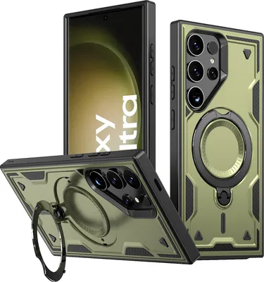 Produktbild von Dual Layer Hülle für Samsung Galaxy S23 Ultra Metall Ring Ständer Magnetisch Stoßfest Militär Handyhülle Grün