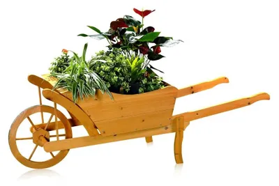 Image de Jardin Brouette à plantes Brouette en bois Brouette à fleurs Bac à fleurs jaune-brun
