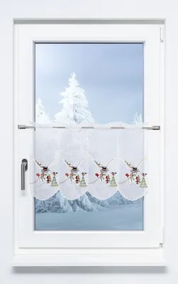 Produktbild von Scheibengardine Plauener Spitze - Schneemann zur Weihnachtszeit #1W (BxH) 243cm x 40cm rot
