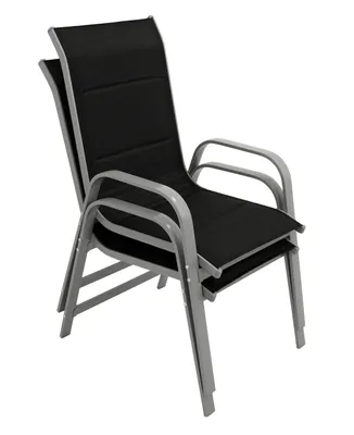 Two stacked black and gray outdoor chairs.