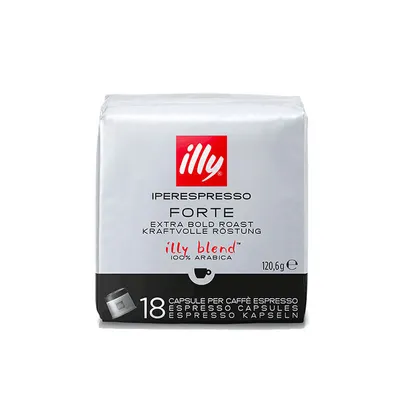 A package of Illy Iperespresso Forte coffee capsules.