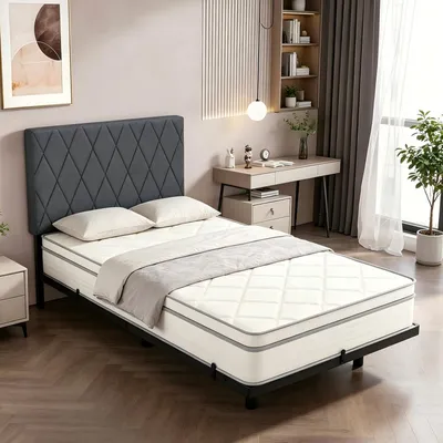 Produktbild von Bettrahmen Metallbett mit Matratze für 90 x 200 cm Bettgestell aus Metall Jugendbett Gästebett mit Lattenrost und gepolsterten Kopfteil, Grau