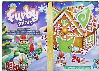 A Furby Minis Advent Calendar box with a gingerbread house design and Furby characters.