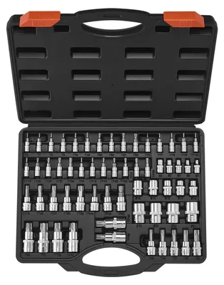 Imagen del producto de VEVOR: Juego de vasos Torx para taladro, juego de vasos Torx externos de 60 piezas, tamaños T6-T70, TT6-TT70, TP8-TP60, E4-E24, fabricados en acero de aleación S2 y acero Cr-V, con adaptadores de 1/4", 3/8" y 1/2", y estuche de almacenamiento