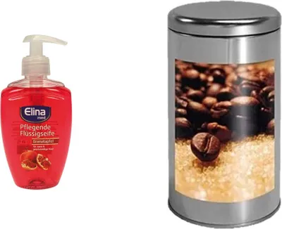 Produktbild von Elina Granatapfel Seife flüssig 300ml mit Spender + Edelstahlkaffeedose 500gr