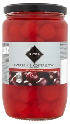 Zdjęcie produktu dla Czereśnie koktajlowe czerwone bez ogonków 750g - Rioba