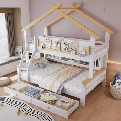Produktbild von okwish Etagenbett 90x200/120x200 Kinderbett mit Matratze,Jugendbett mit 2 Rollen-Aufbewahrungsschublade,Bettgestell mit Leitplanke und Dachdesign,Weiß+Natur