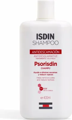 A white bottle of ISDIN Psorisdin shampoo with red and black text and accents.