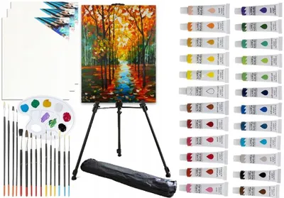 Produktbild von Umfangreiches Malset mit Staffelei, 24 Acrylfarben, Leinwänden, Pinseln