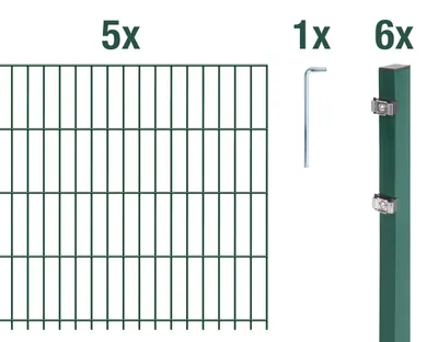 Produktbild von Alberts Doppelstabmattenzaun 6-5-6, Matten 2,50 m, Höhe 1,83 m, Länge 12,5 m, grün, Zaun als Komplettset, Pfosten mit Klemmlasche 60x40 mm