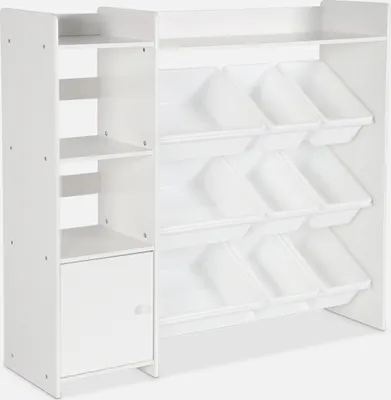 A white toy storage unit with multiple bins and shelves.
