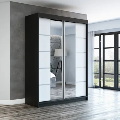 Produktbild von Schwebetürenschrank, 2-türig Schrank ERA 160 cm (mit Spiegel) (Schwarz / weiß / weiß)