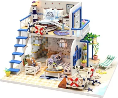 Image de Habarri | Maison Miniature - DIY Maison de Poupées - Maison en Bois avec Meubles et éclairage LED - Cadeau pour Enfants - Matin D'Azur