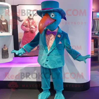 Produktbild von Türkisfarbener REDBROKOLY Flamingo Maskottchen Kostüm charakter bekleidet mit Weste und Hutnadeln