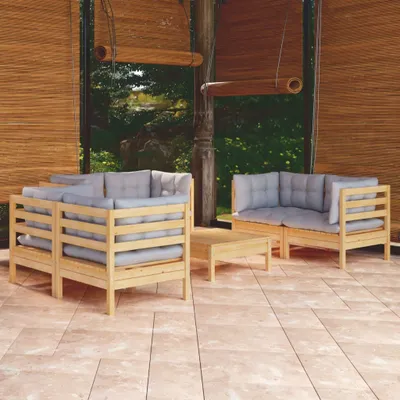 Produktbild von ZMH 7-tlg. Garten-Lounge-Set mit Grauen Kissen Kiefer Massivholz