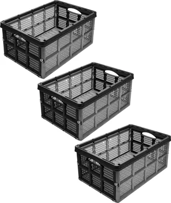 Produktbild von Garronda 3 Stück Transportbox Klappbox Klappkiste Faltbox Faltkiste 51 x 34,5 x 22,5 cm (Grau/Schwarz) GD-CRI-FoldBox