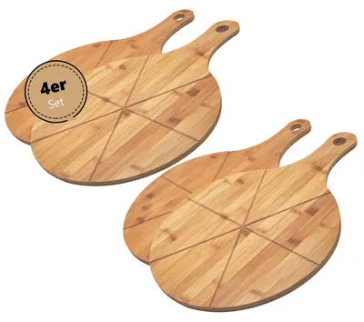 Produktbild von hausleben Pizzabrett 33 cm Bambus 4er Set – Rundes Schneidebrett mit Griff und Schneiderillen – Holz Pizzateller für Flammkuchen, Holzteller Servierbrett für Pizza, Leicht zu Reinigen